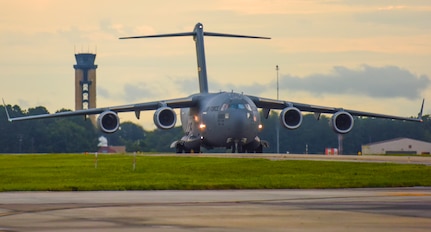 A C-17 Globemaster III taxis on the runway at Joint Base Charleston, S.C. July 18, 2017.  The C-17 is capable of rapid strategic delivery of troops and all types of cargo to main operating bases or directly to forward bases in a deployment area. The aircraft can perform tactical airlift and airdrop missions and can transport litters and ambulatory patients during aeromedical evacuation.