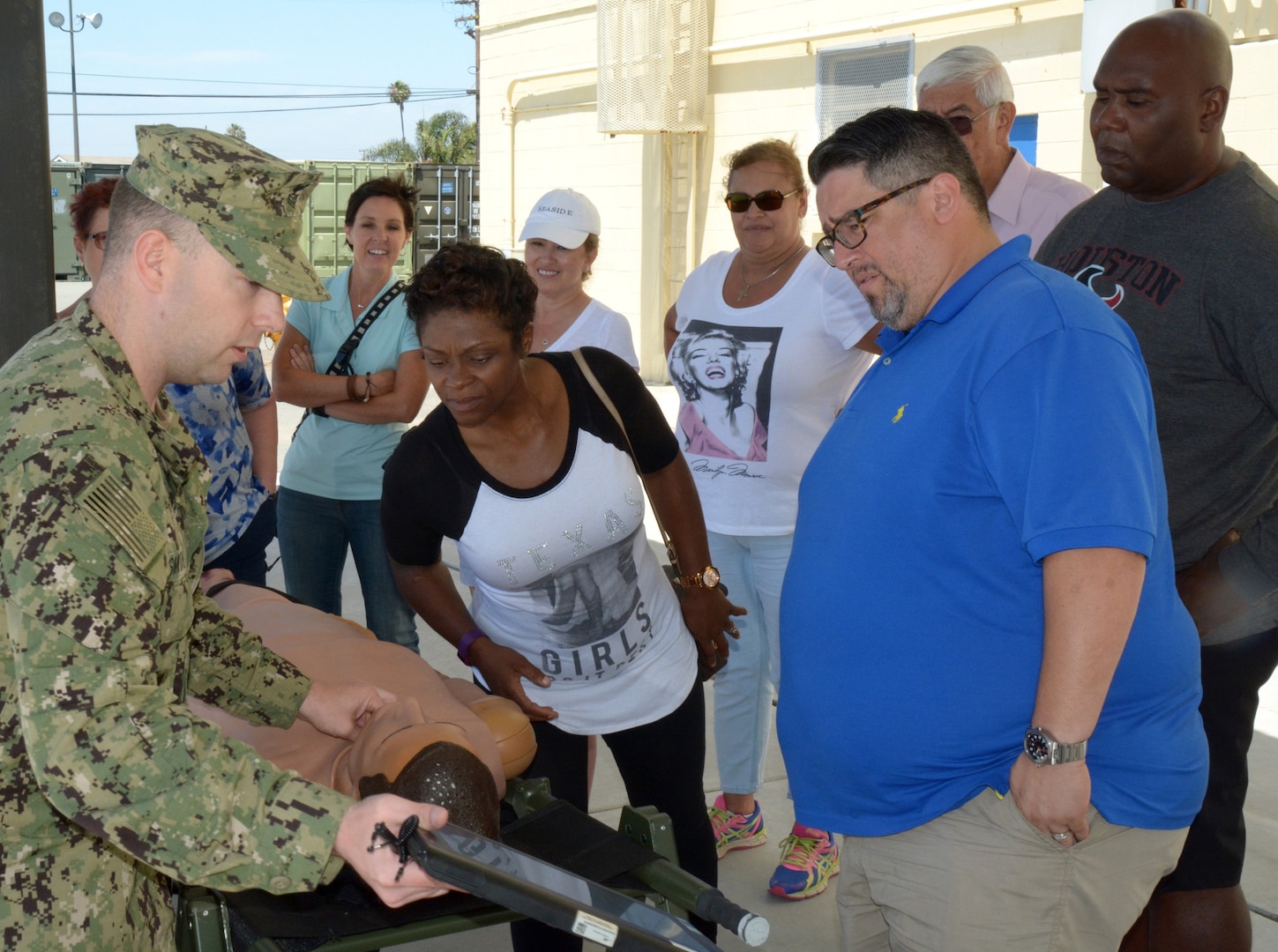 Petty Officer 1st Class Joshua Smith, assigned to Coastal Riverine Group ONE, demonstrates treatment of medical casualties utilizing a Caesar Medical Manikin to educators from South Texas during Navy Recruiting District San Antonio’s annual Educators Orientation Visit, or EOV.  Smith, a native of Arlington, Texas, is a 2003 graduate of Arlington High School.   The EOV is a Navy Recruiting Command program with a main focus of showing educators the various facets of the Navy and the many career paths available to students.