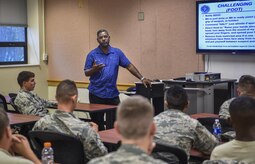 Curtis Sauls, 628th Security Forces Squadron training instructor, briefs an augmentee class at Joint Base Charleston, S.C., July 18, 2017. Augmentees attend a basic course for security forces procedures in case they are ever called to staff entry control points or carry out other security forces duties in a time of emergency or during an exercise.