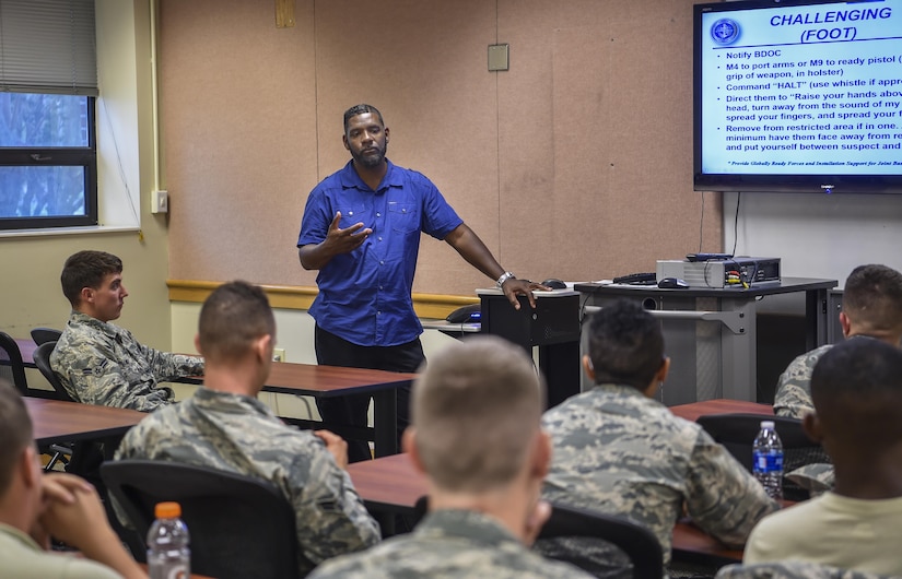 Curtis Sauls, 628th Security Forces Squadron training instructor, briefs an augmentee class at Joint Base Charleston, S.C., July 18, 2017. Augmentees attend a basic course for security forces procedures in case they are ever called to staff entry control points or carry out other security forces duties in a time of emergency or during an exercise.