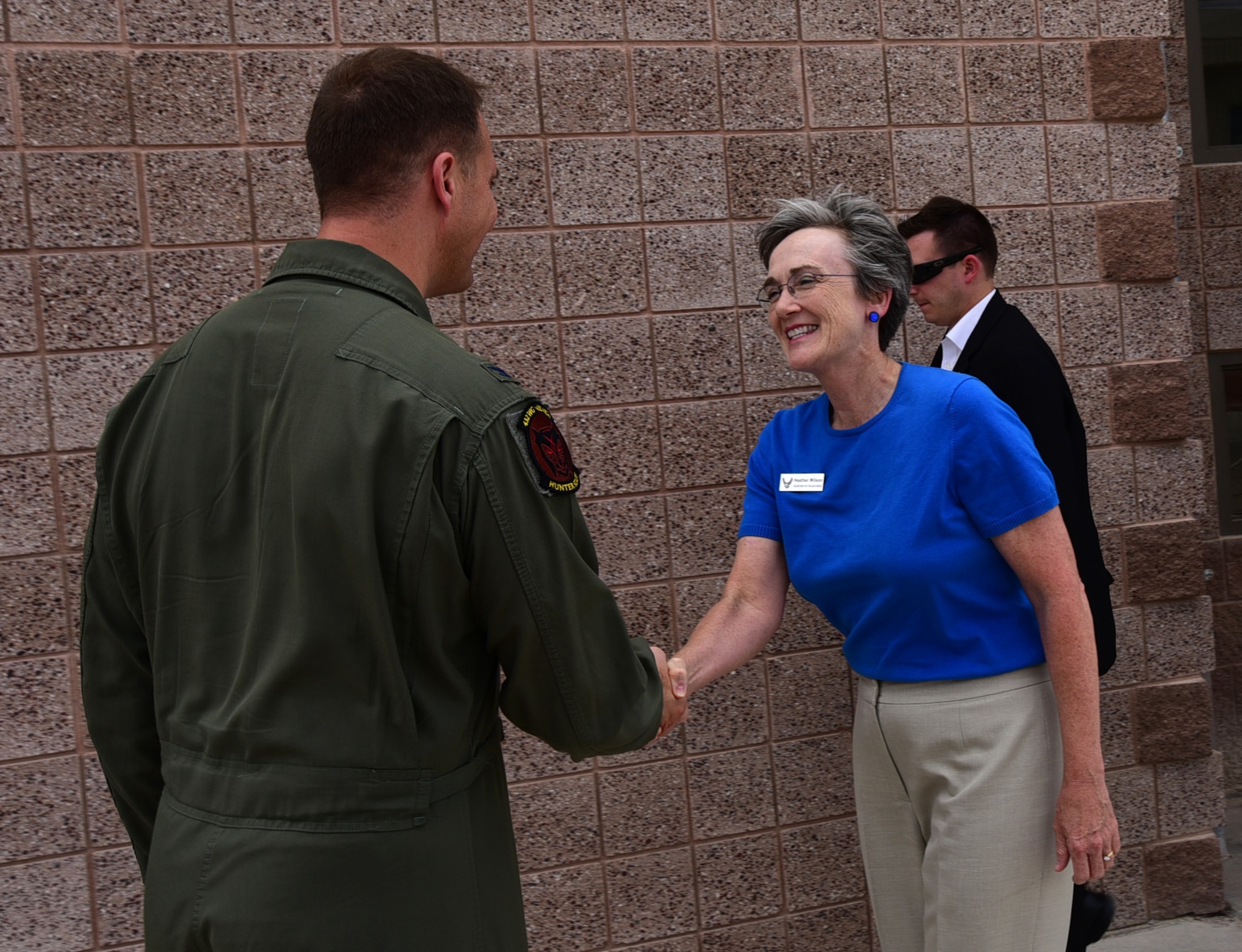 Secretary of the Air Force Heather Wilson meets with Col. Julian Cheater, 432nd Wing/432nd Air Expeditionary Wing commander, July 19, 2017, at Creech Air Force Base, Nev. During her visit, Wilson toured the base and gained insight into the dominant persistent attack and reconnaissance mission the Airmen of the 432nd WG complete 24/7/365 for our nation and coalition partners. (U.S. Air Force photo/Senior Airman Christian Clausen)