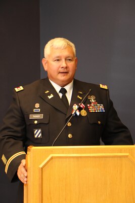 Deputy Commander Lt. Col. John T. “JT” Tucker, III, speaks of the importance of family and mentors during his retirement ceremony at the U.S. Army Engineer Research and Development Center.