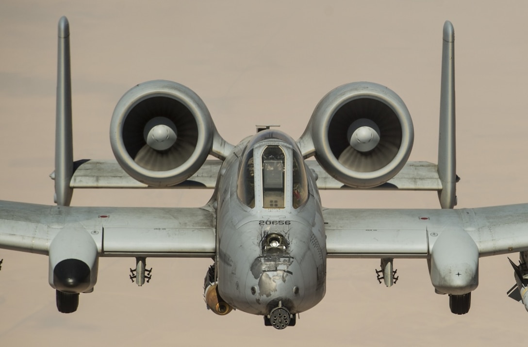 An Air Force A-10 Thunderbolt II arrives to receive fuel from a 340th Expeditionary Air Refueling Squadron KC-135 Stratotanker during a flight in support of Operation Inherent Resolve, July 6, 2017. Air Force photo by Staff Sgt. Trevor T. McBride