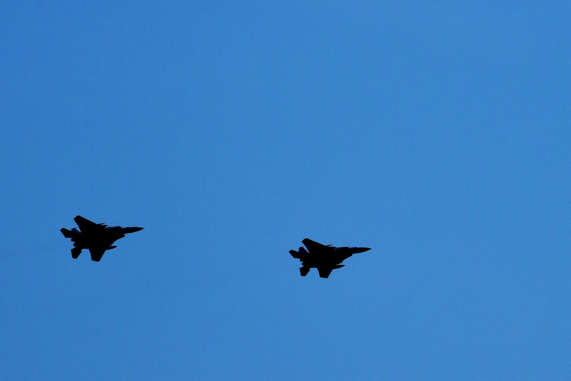 Two F-15E Strike Eagles fly overhead during Exercise Thunderdome 17-02, July 21, 2017, at Seymour Johnson Air Force Base, North Carolina. The exercise scenario tested the wing’s ability to conduct a necessary rapid and appropriate response without any prior coordination. (U.S. Air Force photo by Senior Airman Ashley Maldonado)