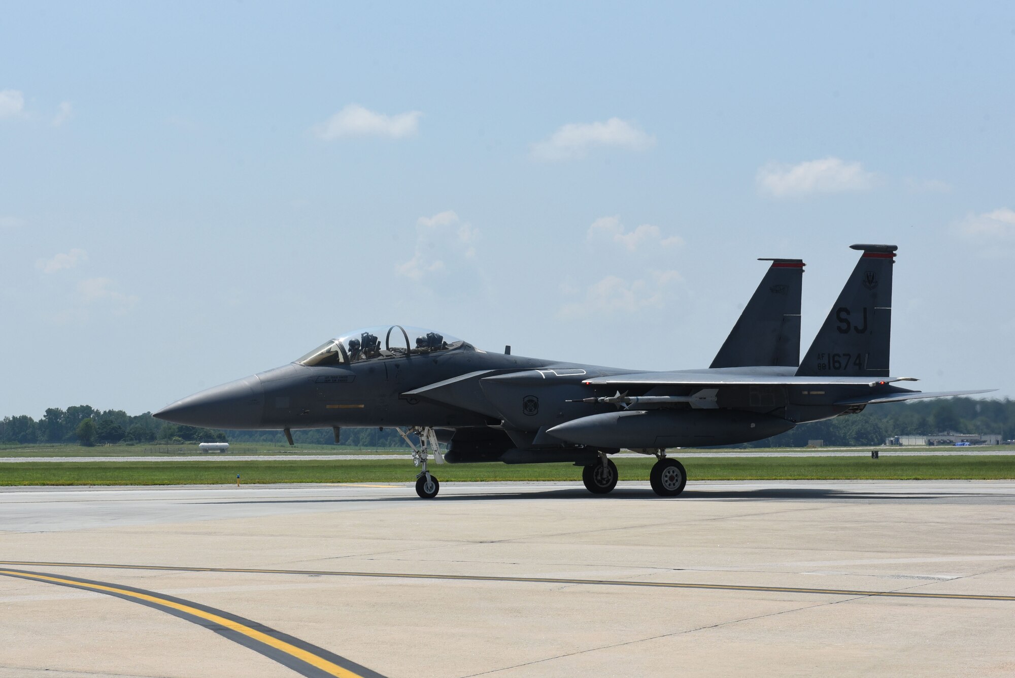 An F-15E Strike Eagle taxis to the runway during exercise Thunderdome 17-02, July 21, 2017, at Seymour Johnson Air Force Base, North Carolina. The exercise allowed members of the 4th Fighter Wing to strengthen skills for real-world operations. (U.S. Air Force photo by Airman 1st Class Victoria Boyton)