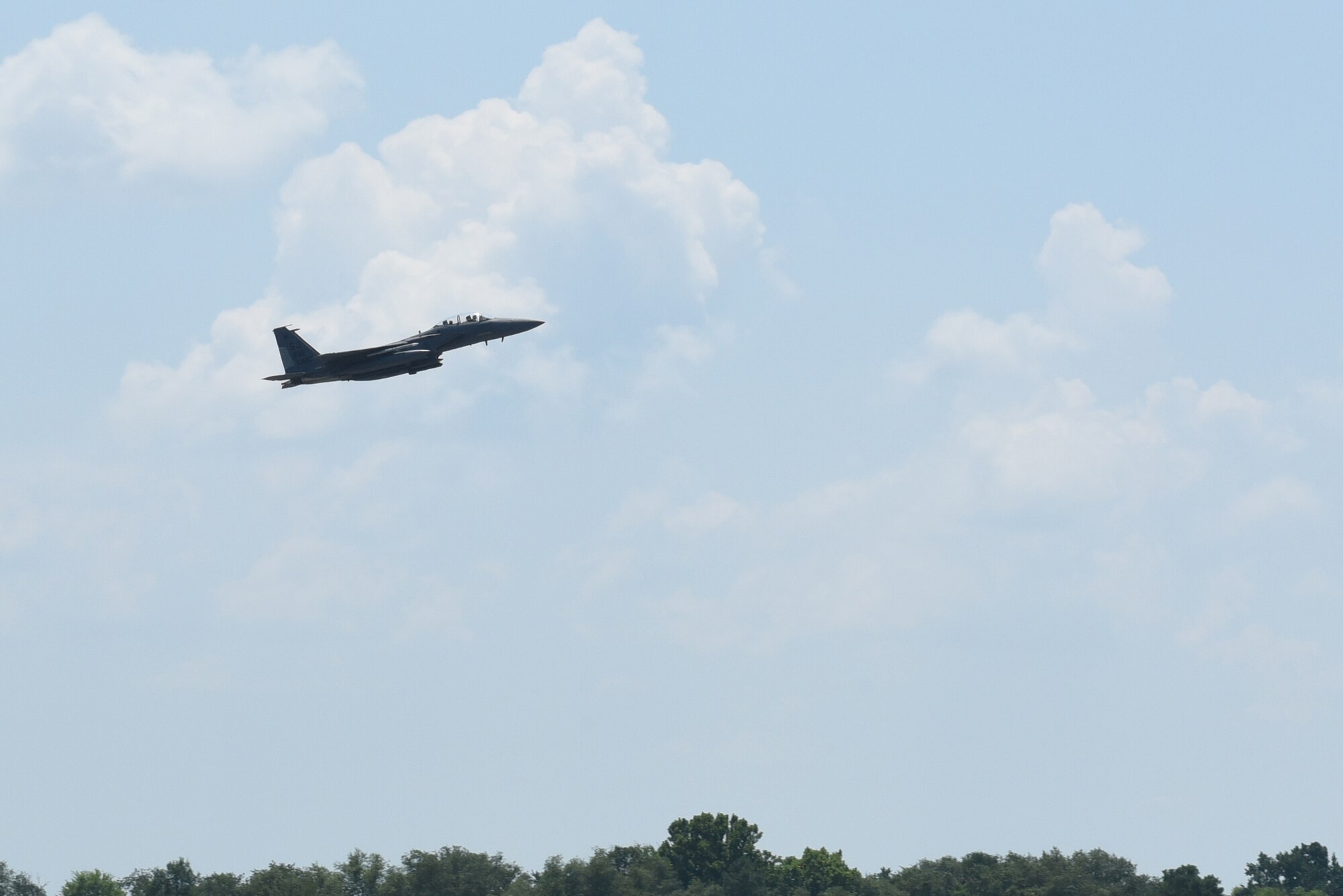 An F-15E Strike Eagle departs the runway during exercise Thunderdome 17-02, July 21, 2017, at Seymour Johnson Air Force Base, North Carolina. The exercise scenario tested the wings ability to conduct a necessary rapid and appropriate response without any prior coordination. (U.S. Air Force photo by Airman 1st Class Victoria Boyton)