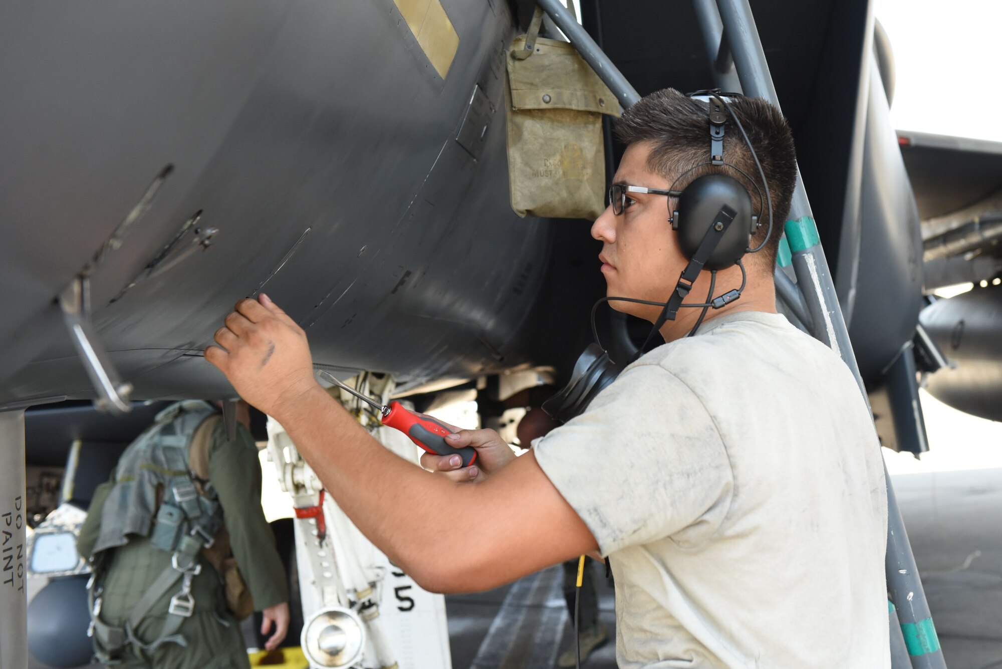 Airman 1st Class Joshua Castaneda, 4th Aircraft Maintenance Squadron crew chief, conducts a preflight inspection during exercise Thunderdome 17-02, July 21, 2017, at Seymour Johnson Air Force Base, North Carolina. By working together during the exercise, members of the 4th Fighter Wing continue to enhance deployment operations. (U.S. Air Force photo by Airman 1st Class Victoria Boyton)