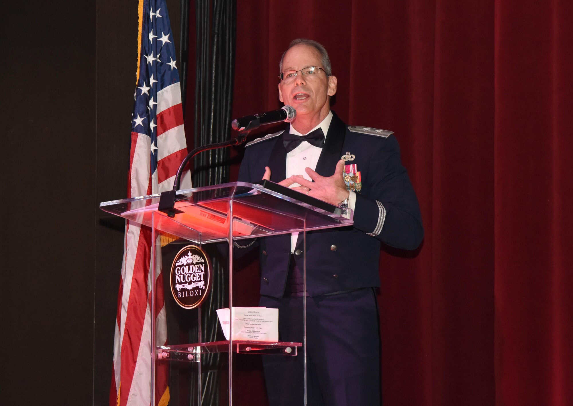 Maj. Gen. Bob LaBrutta, 2nd Air Force commander, delivers remarks as the guest speaker during the 2nd Annual Crusaders for Veterans Freedom Ball at the Golden Nugget Hotel and Casino July 15, 2017, in Biloxi, Miss. During the event, Crusaders for Veterans, a volunteer organization focused on helping veterans in need, held the event to recognize the careers of current commanders leaders in the local area. (U.S. Air Force photo by Kemberly Groue)