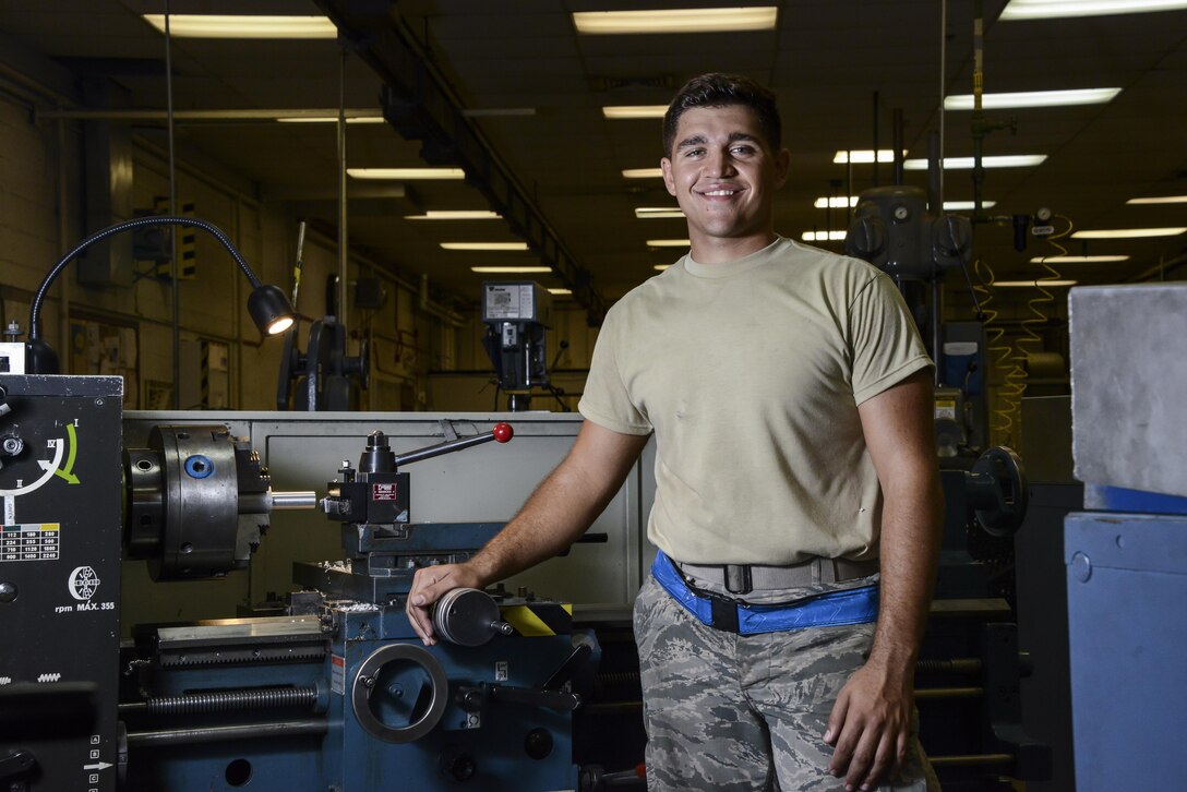 Airman 1st Class Logan Mejia, 56th Equipment Maintenance Squadron aircraft metals technician, poses for a portrait at Luke Air Force Base, Ariz., July 19, 2017. The metals technology shop at Luke is comprised of approximately 22 Airmen who provide maintenance support to several squadrons on base to continue building the future of airpower. (U.S. Air Force photo/Airman 1st Class Caleb Worpel)