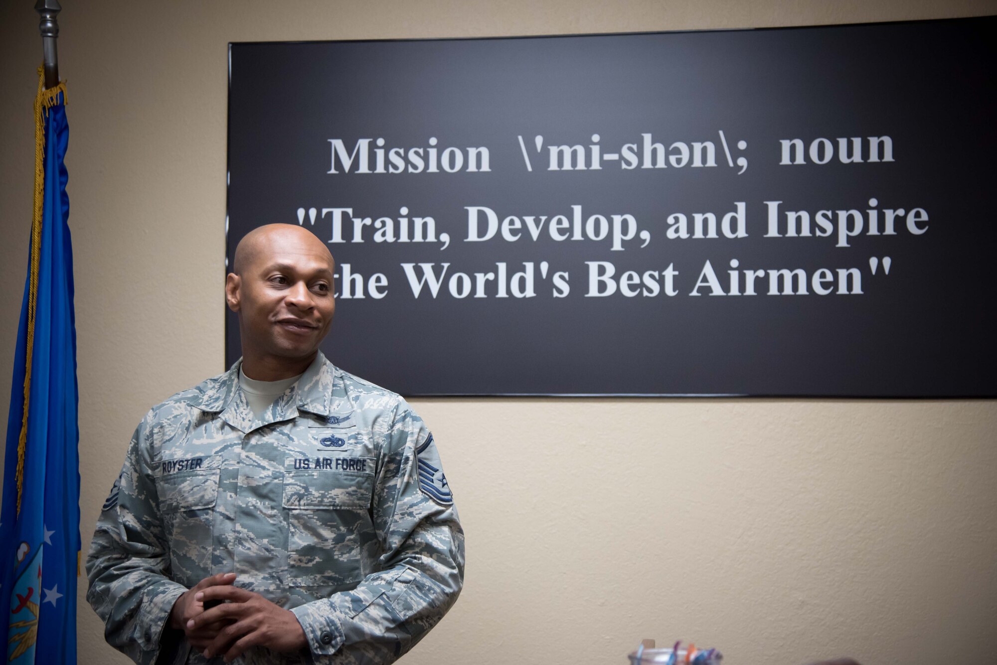Master Sgt. Tavores Royster, in-service recruiter for the 403rd Wing’s recruiting office, speaks during an informed decision seminar July 18, 2017 at Keesler Air Force Base, Mississippi. (U.S. Air Force photo/Staff Sgt. Heather Heiney)