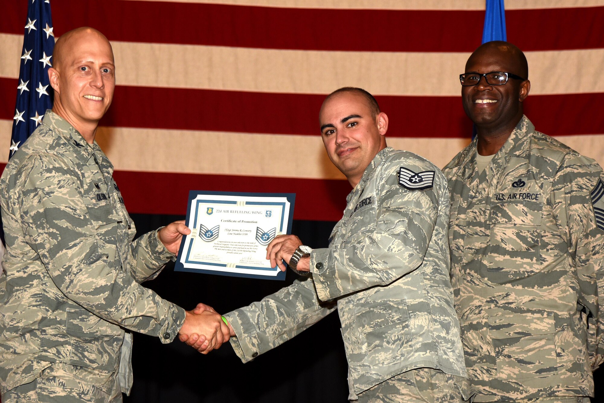 Forty-four 22nd Air Refueling Wing Airmen were recognized for their selection to technical sergeant during a technical sergeant release party, July 20, 2017, at McConnell Air Force Base, Kan. Technical Sergeants continuously strive to further their development as technicians, supervisors and leaders. (U.S. Air Force photo/Airman 1st Class Alan Ricker)