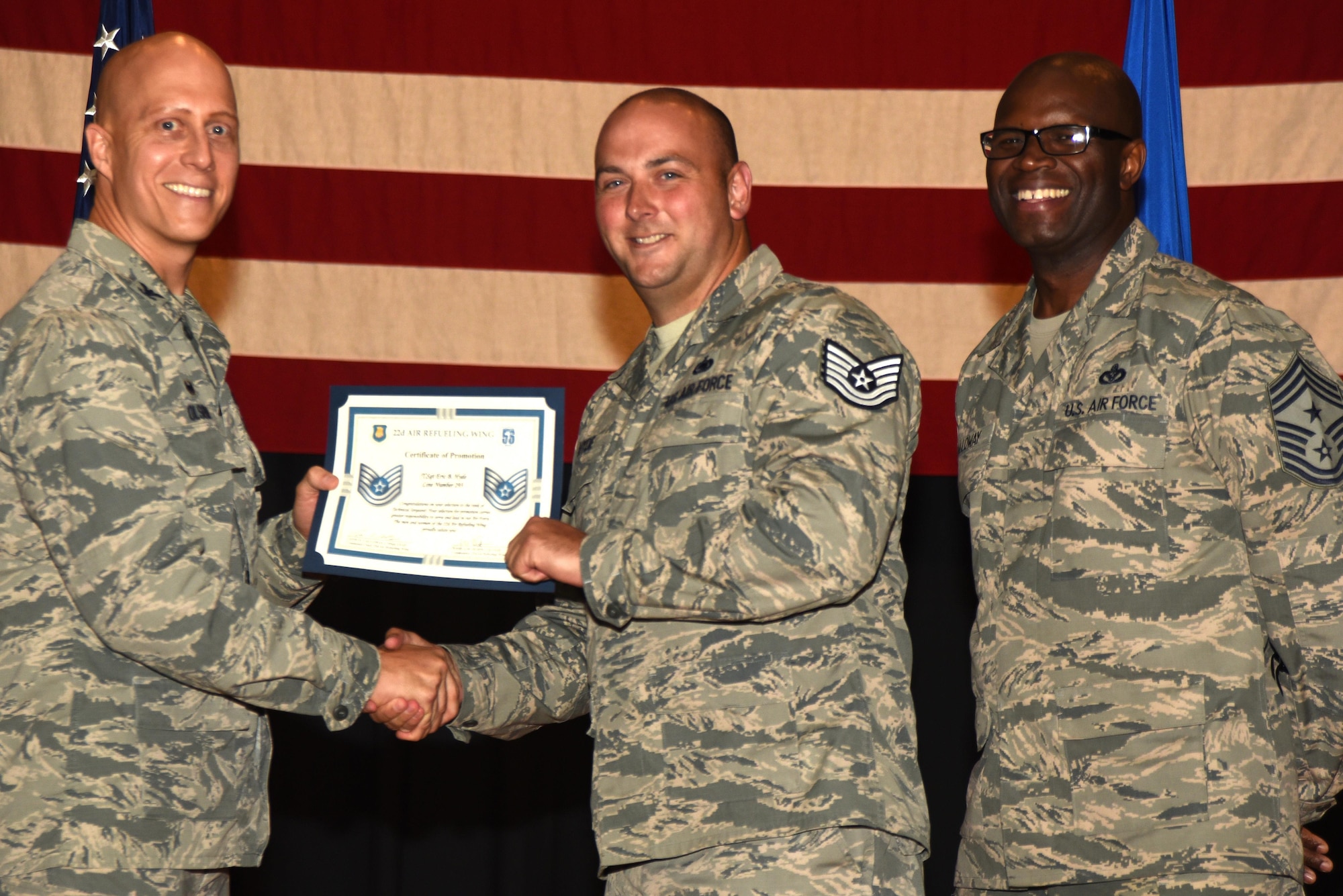 Forty-four 22nd Air Refueling Wing Airmen were recognized for their selection to technical sergeant during a technical sergeant release party, July 20, 2017, at McConnell Air Force Base, Kan. Technical Sergeants continuously strive to further their development as technicians, supervisors and leaders. (U.S. Air Force photo/Airman 1st Class Alan Ricker)