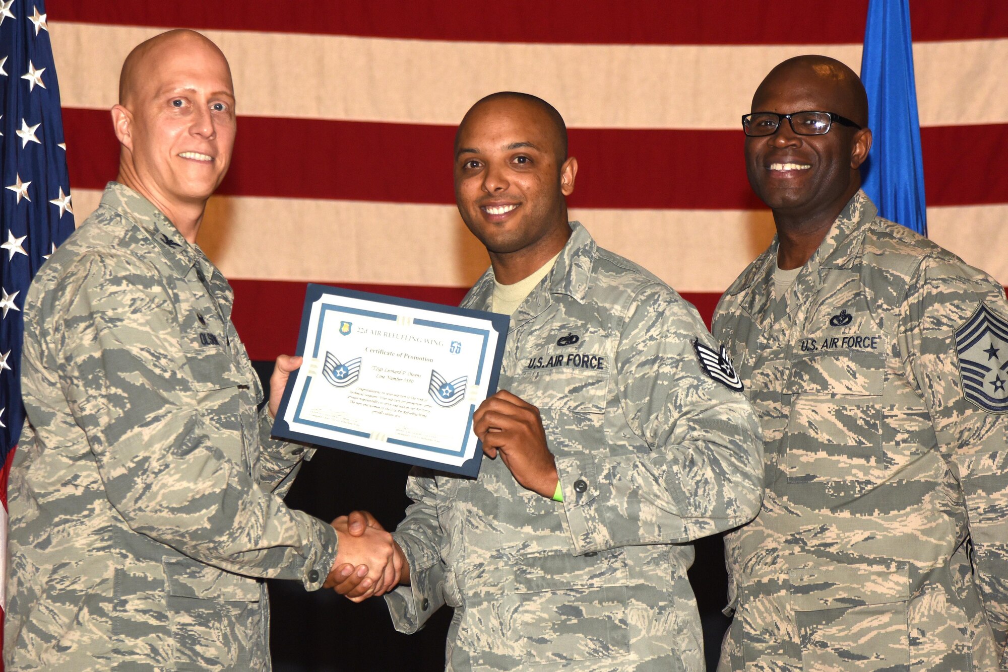 Forty-four 22nd Air Refueling Wing Airmen were recognized for their selection to technical sergeant during a technical sergeant release party, July 20, 2017, at McConnell Air Force Base, Kan. Technical Sergeants continuously strive to further their development as technicians, supervisors and leaders. (U.S. Air Force photo/Airman 1st Class Alan Ricker)