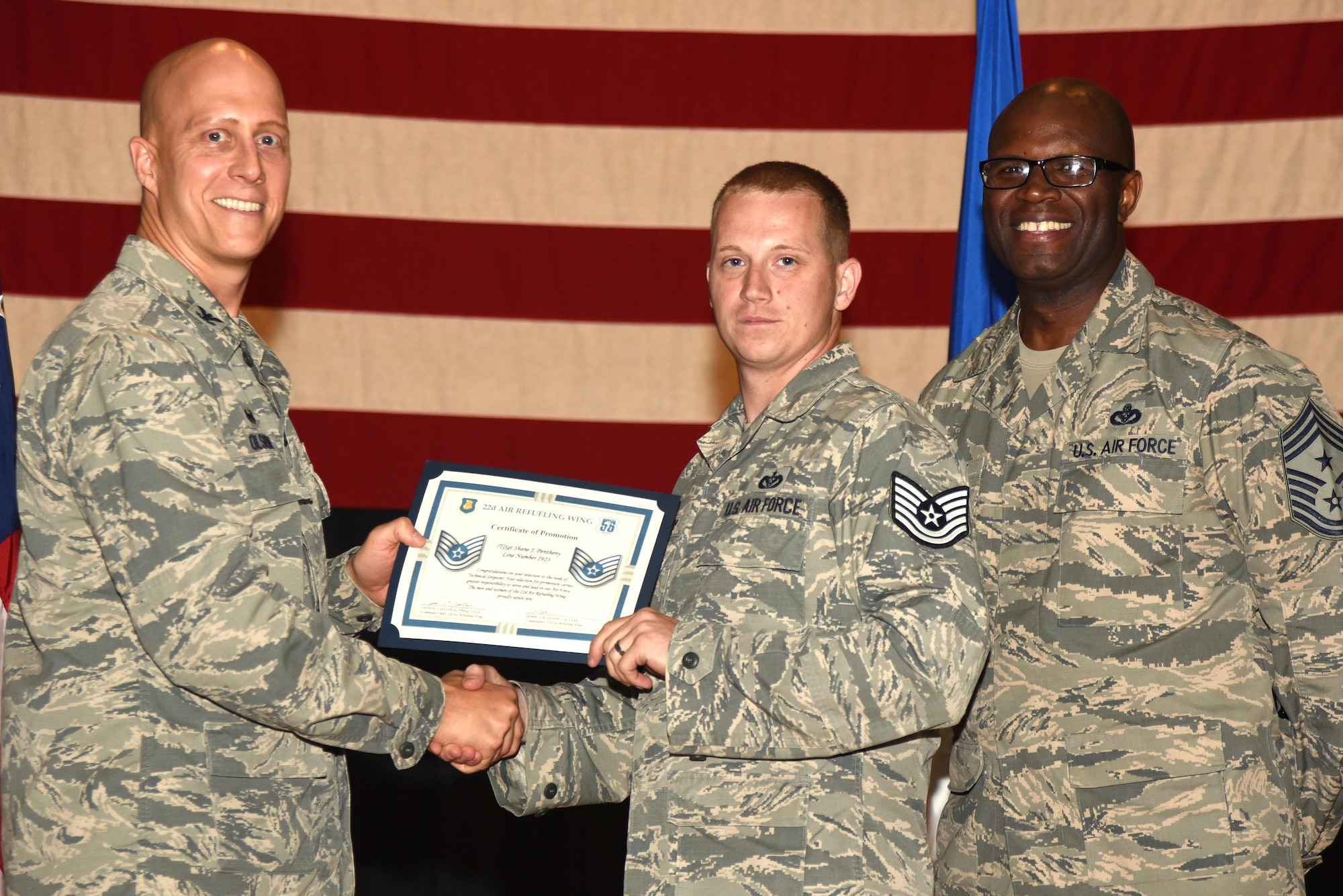 Forty-four 22nd Air Refueling Wing Airmen were recognized for their selection to technical sergeant during a technical sergeant release party, July 20, 2017, at McConnell Air Force Base, Kan. Technical Sergeants continuously strive to further their development as technicians, supervisors and leaders. (U.S. Air Force photo/Airman 1st Class Alan Ricker)