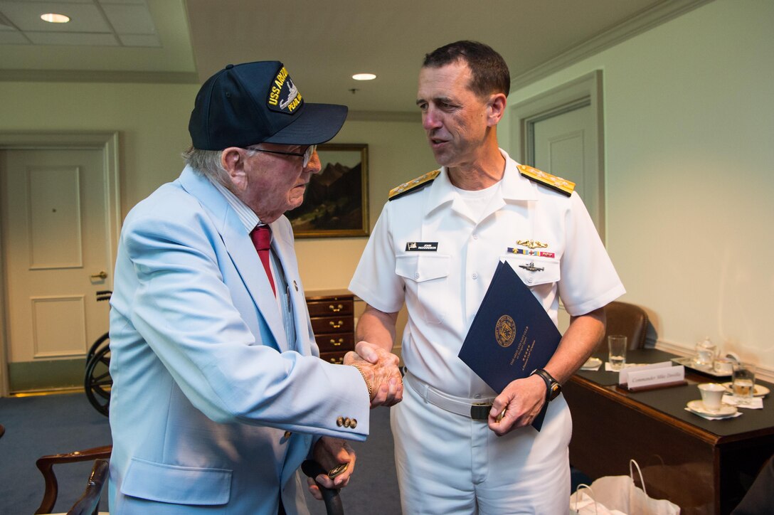 Chief of Naval Operations Adm. John Richardson visits with USS Arizona survivors at the Pentagon, July 21, 2017. DoD photo by Air Force Staff Sgt. Jette Carr