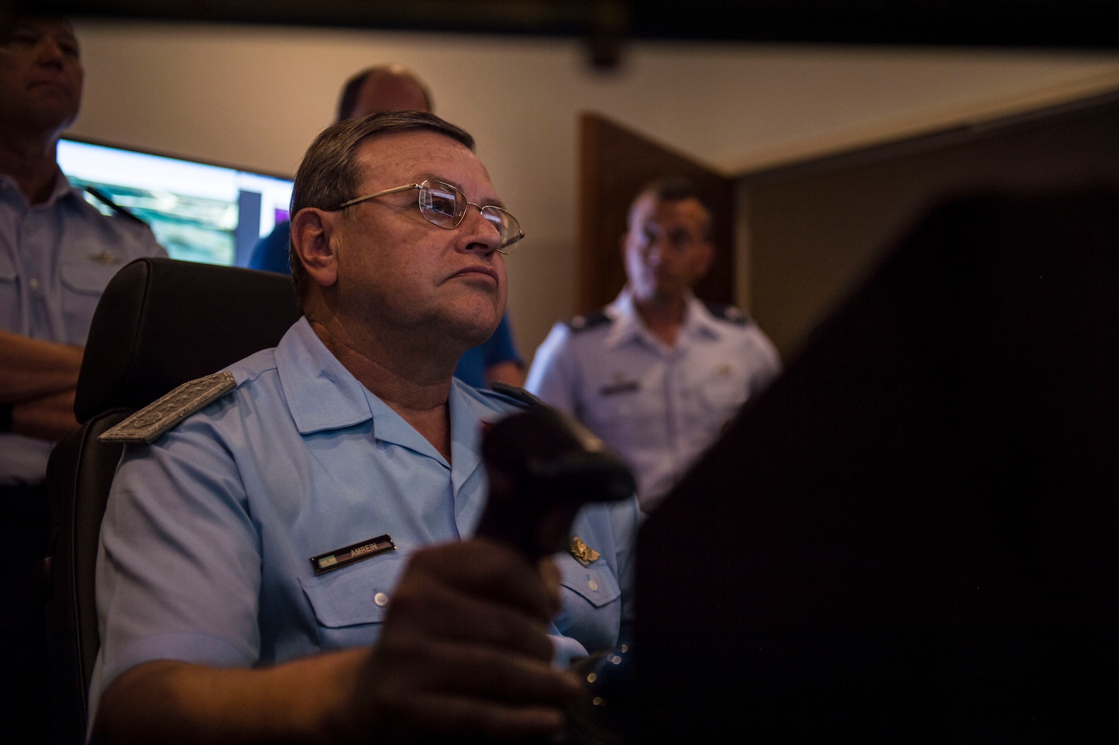 Brig. Gen. Enrique Amrein, Argentine air force chief of staff, operates an MQ-9 Reaper simulator at Holloman Air Force Base, N.M., July 20, 2017. While at Holloman, Amrein learned about the remotely piloted aircraft training program and what pilots, sensor operators and maintainers experience during their time here. (U.S. Air Force photo by Senior Airman Chase Cannon)