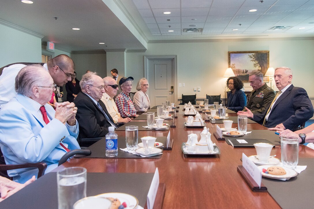 Three survivors of the USS Arizona and the attack on Pearl Harbor meet with Defense Secretary Jim Mattis, Marine Corps Gen. Joe Dunford, chairman of the Joint Chiefs of Staff, and Navy Adm. John Richardson, chief of naval operations, at the Pentagon, July 21, 2017. DoD photo by Navy Petty Officer 2nd Class Dominique A. Pineiro