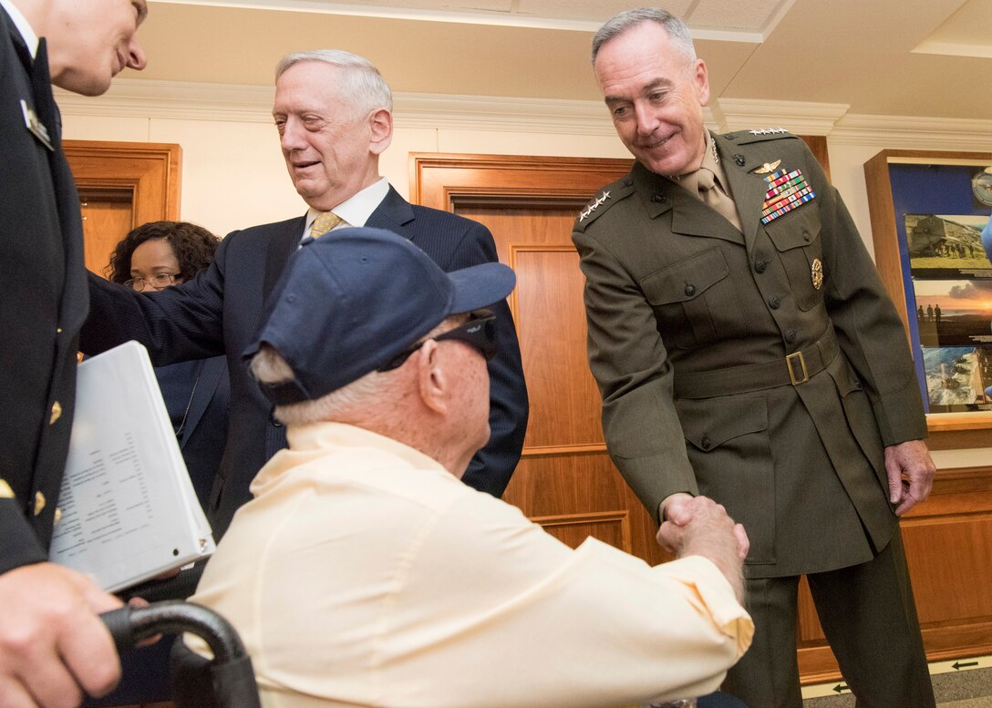 USS Arizona survivors meet with Defense Secretary Jim Mattis and Marine Corps. Gen. Joe Dunford, chairman of the Joint Chiefs of Staff, at the Pentagon, July 21, 2017. DoD photo by Navy Petty Officer 2nd Class Dominique A. Pineiro