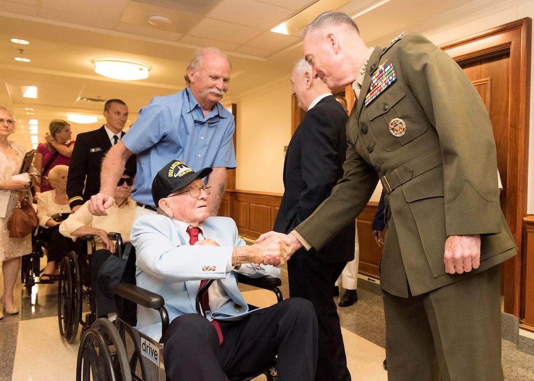 USS Arizona survivor Donald Stratton greets Marine Corps Gen. Joe Dunford, chairman of the Joint Chiefs of Staff, at the Pentagon, July 21, 2017. DoD photo by Navy Petty Officer 2nd Class Dominique A. Pineiro
