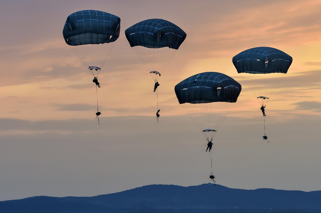 Paratroopers conduct entry training during Exercise Saber Guardian 17 over Bezmer Air Base, Bulgaria, July 18, 2017. The exercise prepares soldiers for airfield seizure operations. Air Force photo by Tech. Sgt. Liliana Moreno
