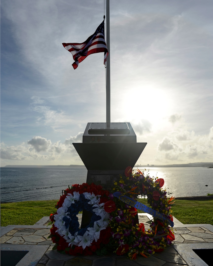 Members from the 36th Wing held a RAIDR 21 memorial ceremony July 21, 2017, in Adelup, Guam, to honor the six B-52 Stratofortress crew members who lost their lives during a training mission nine years ago. The Airmen were slated to perform a flyover in support of Guam’s Liberation Day July 21, 2008. (U.S. Air Force photo by Airman 1st Class Gerald R. Willis)