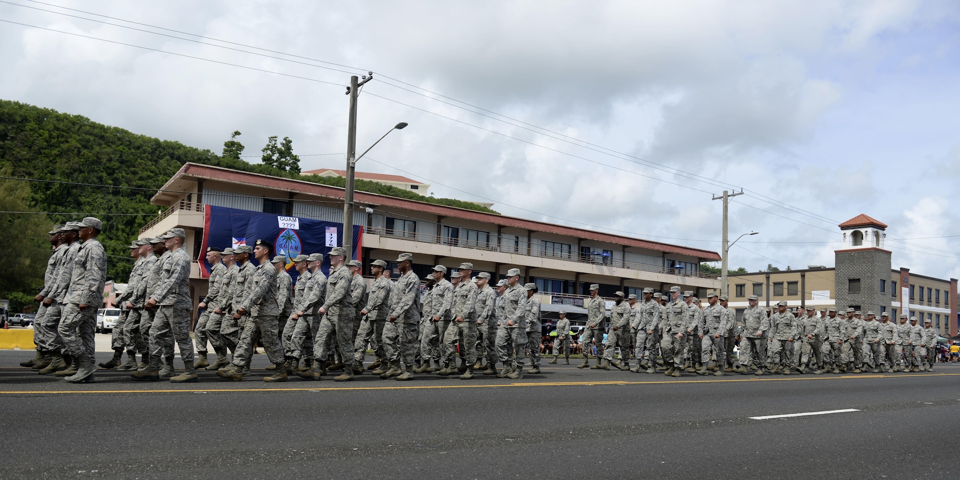 U.S. Airmen from the 36th Wing march in the 73rd Guam Liberation Day parade July 21, 2017, in Hagåtña, Guam. Liberation Day is celebrated to honor the U.S. armed forces who liberated the island from Japanese control in 1944. (U.S. Air Force photo by Airman 1st Class Gerald R. Willis)