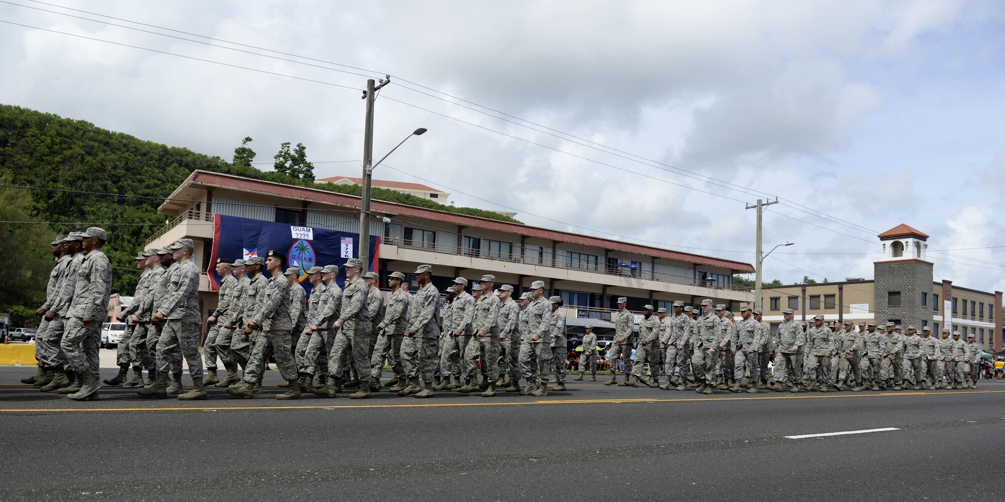 U.S. Airmen from the 36th Wing march in the 73rd Guam Liberation Day parade July 21, 2017, in Hagåtña, Guam. Liberation Day is celebrated to honor the U.S. armed forces who liberated the island from Japanese control in 1944. (U.S. Air Force photo by Airman 1st Class Gerald R. Willis)