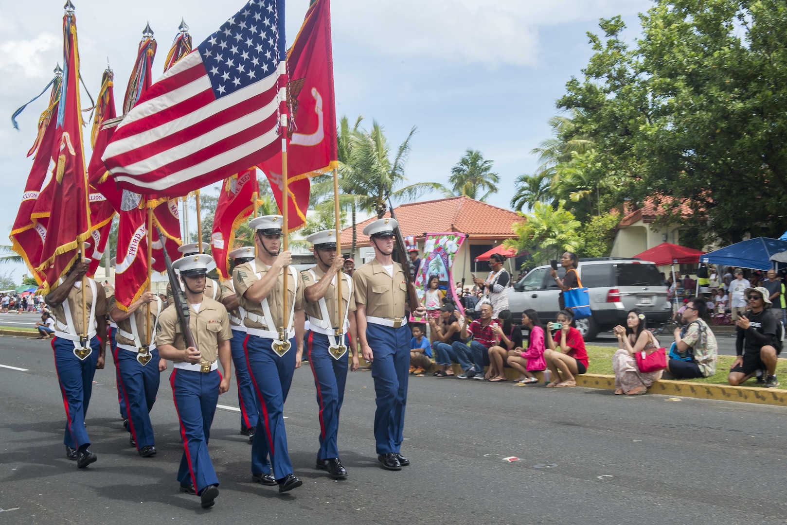 U.S. Marines march during the 73rd Guam Liberation Day parade July 21, 2017, in Hagåtña, Guam. The parade commemorated 73 years since U.S. armed forces liberated the island from Japanese occupation. During World War II, Japan seized Guam on December 10, 1941, and on July 21, 1944, the U.S. armed forces liberated the island. (U.S. Air Force photo by Airman 1st Class Christopher Quail)