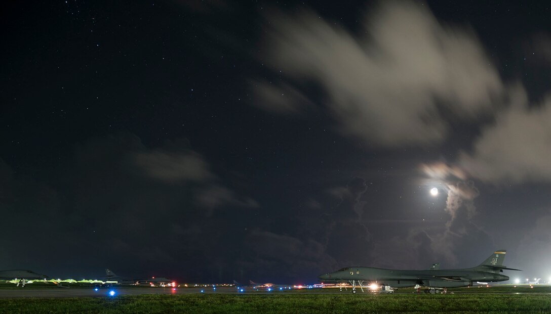 A U.S. Air Force B-1B Lancer aircraft assigned to the 9th Expeditionary Bomb Squadron, deployed from Dyess Air Force Base, Texas, prepares to takeoff from Andersen Air Force Base, Guam, July 20, 2017. The lancers conducted bilateral training mission with Royal Australian Air Force Joint Terminal Attack Controllers (JTACs), July 20 as part of Talisman Saber 17 a training exercise designed to maximize combined training opportunities and conduct maritime preposition and logistics operations in the Pacific. (U.S. Air Force photo/Tech. Sgt. Richard P. Ebensberger)