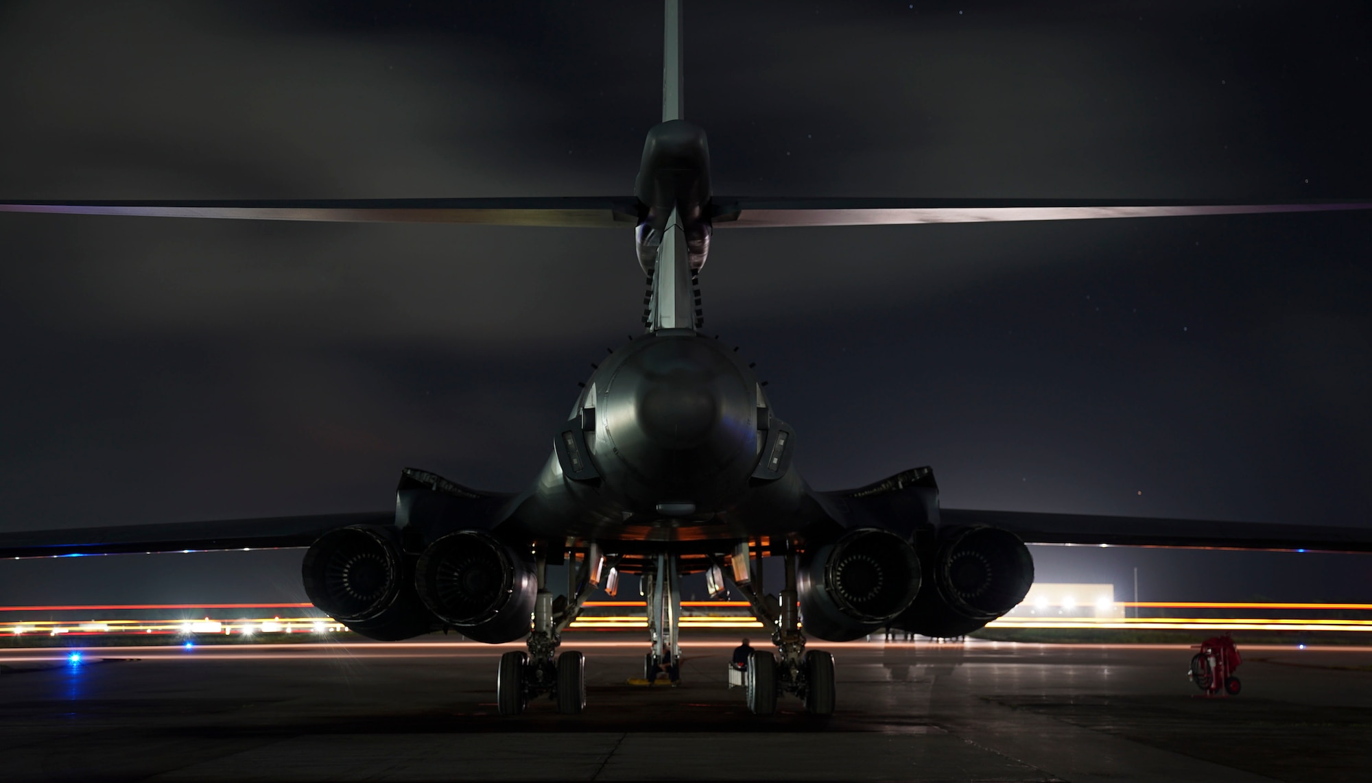 A U.S. Air Force B-1B Lancer aircraft assigned to the 9th Expeditionary Bomb Squadron, deployed from Dyess Air Force Base, Texas, prepares to takeoff from Andersen Air Force Base, Guam, July 20, 2017. The lancers conducted bilateral training mission with Royal Australian Air Force Joint Terminal Attack Controllers (JTACs), July 20 as part of Talisman Saber 17 a training exercise designed to maximize combined training opportunities and conduct maritime preposition and logistics operations in the Pacific. (U.S. Air Force photo/Tech. Sgt. Richard P. Ebensberger)