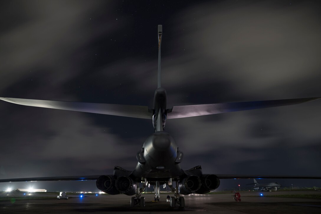 A U.S. Air Force B-1B Lancer aircraft assigned to the 9th Expeditionary Bomb Squadron, deployed from Dyess Air Force Base, Texas, prepares to takeoff from Andersen Air Force Base, Guam, July 20, 2017. The lancers conducted bilateral training mission with Royal Australian Air Force Joint Terminal Attack Controllers (JTACs), July 20 as part of Talisman Saber 17 a training exercise designed to maximize combined training opportunities and conduct maritime preposition and logistics operations in the Pacific. (U.S. Air Force photo/Tech. Sgt. Richard P. Ebensberger)