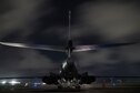 A U.S. Air Force B-1B Lancer aircraft assigned to the 9th Expeditionary Bomb Squadron, deployed from Dyess Air Force Base, Texas, prepares to takeoff from Andersen Air Force Base, Guam, July 20, 2017. The lancers conducted bilateral training mission with Royal Australian Air Force Joint Terminal Attack Controllers (JTACs), July 20 as part of Talisman Saber 17 a training exercise designed to maximize combined training opportunities and conduct maritime preposition and logistics operations in the Pacific. (U.S. Air Force photo/Tech. Sgt. Richard P. Ebensberger)