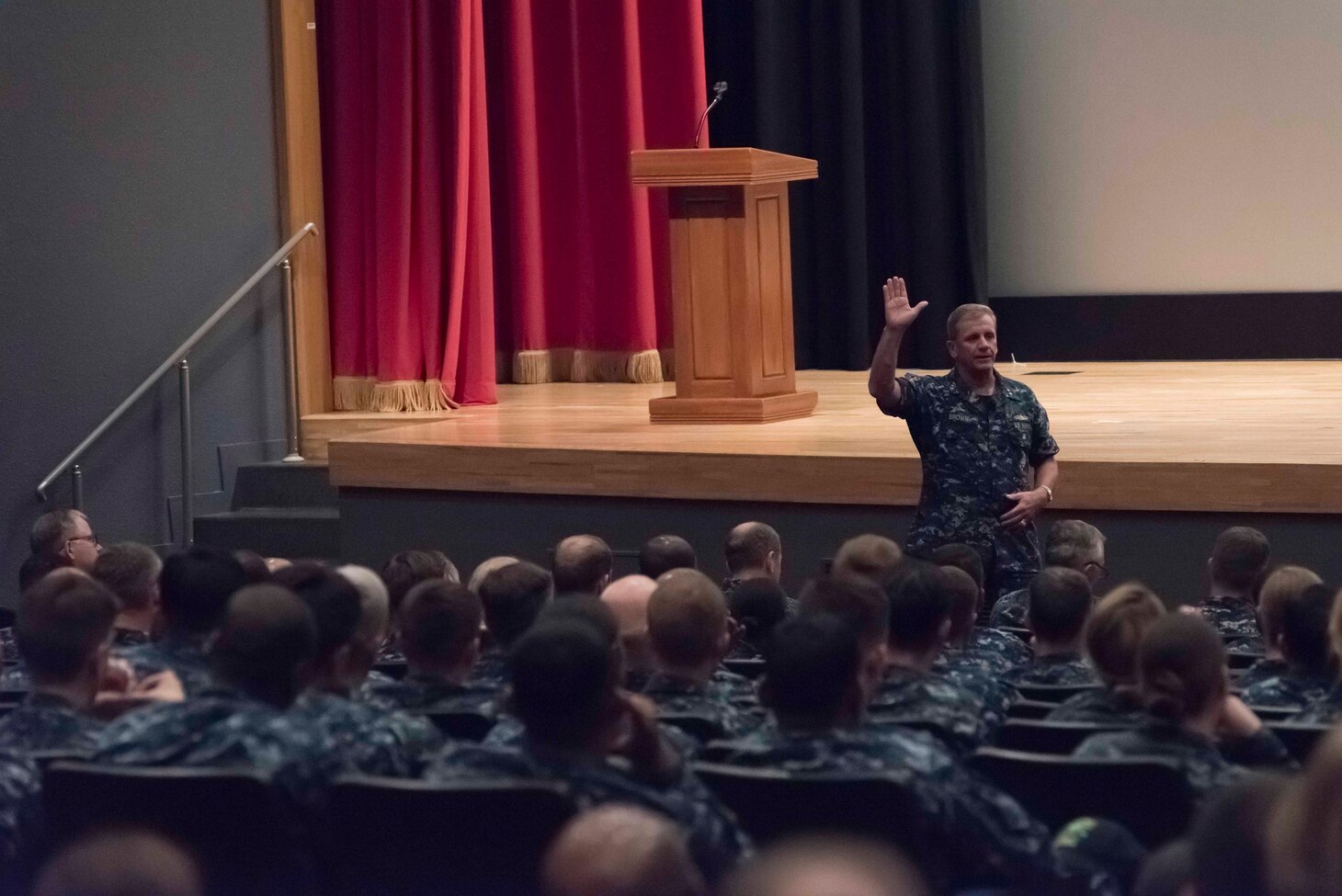 YOKOSUKA, Japan (July 21, 2017) Rear Adm. Richard Brown, commander, Navy Personnel Command, speaks during the forward-deployed naval forces manning summit khaki call, hosted by commander, U.S. 7th Fleet, held at Fleet Activities Yokosuka, Japan.