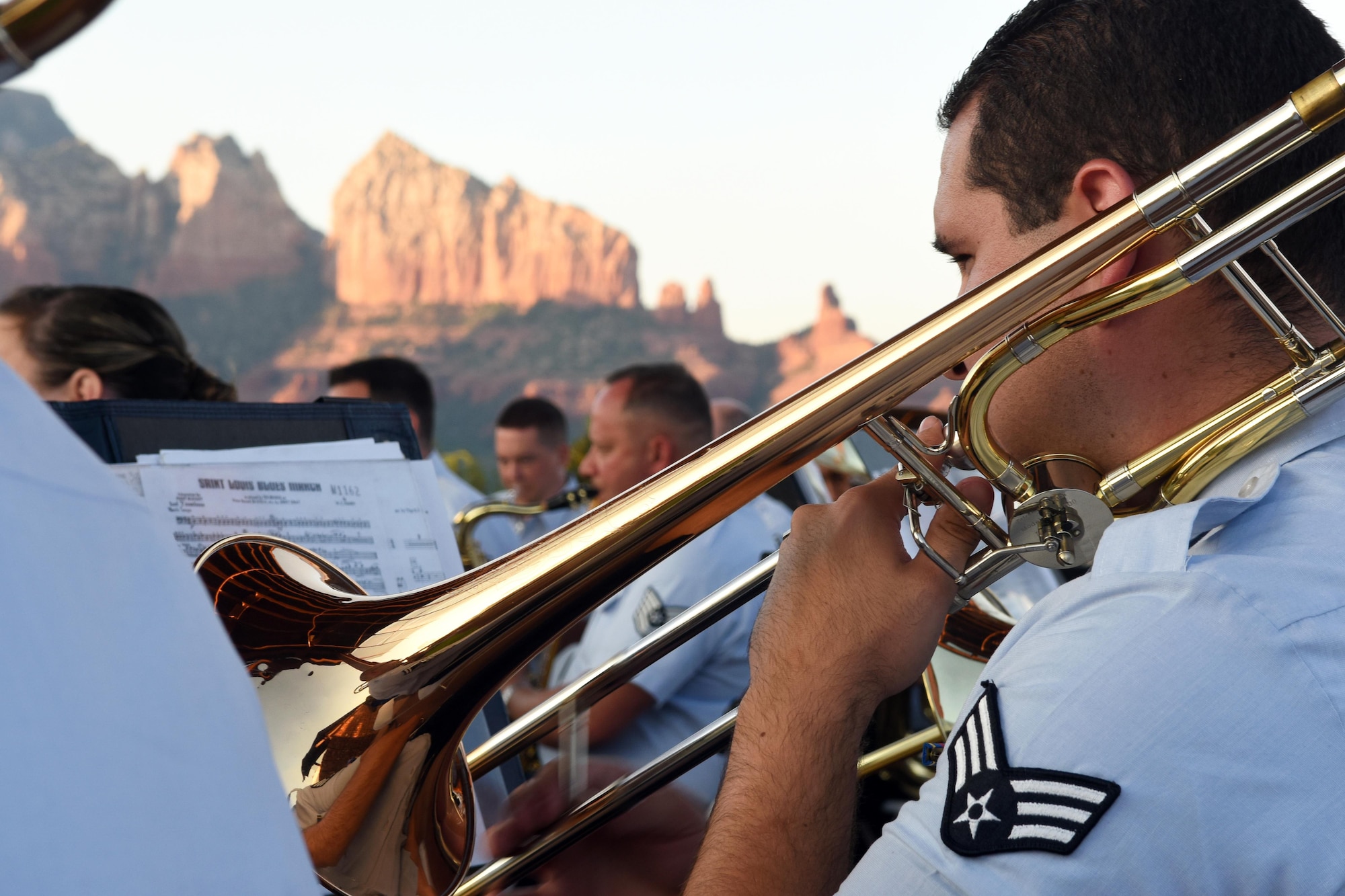 Senior Airman Larry Wiss, Band of the Southwest instrumentalist, plays an encore performance of "Saint Louis Blues March" after a performance June 29 in Sedona, NM. The performance featured music from other American composers, Hollywood legends, and well-known blockbusters. (Texas Air National Guard photo by Staff Sgt. Kristina Overton)