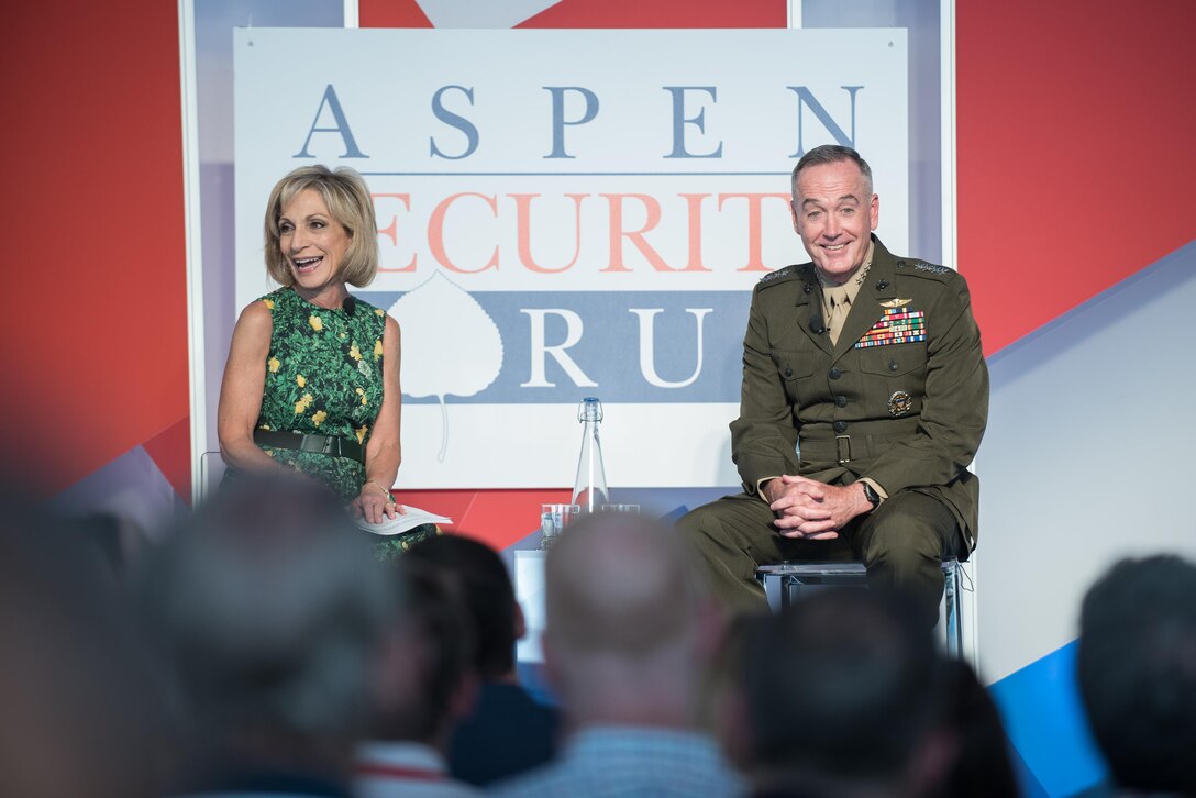 Marine Corps Gen. Joe Dunford, chairman of the Joint Chiefs of Staff, answers a question during a discussion moderated by Andrea Mitchell, chief foreign affairs correspondent for NBC News, at the 2017 Aspen Security Forum in Aspen, Colo., July 22, 2017. DoD photo by Army Sgt. James K. McCann