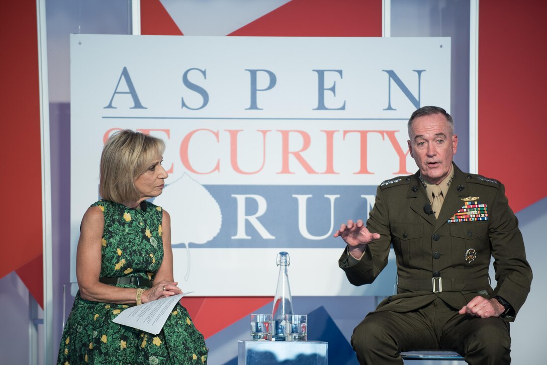 Marine Corps Gen. Joe Dunford, chairman of the Joint Chiefs of Staff, speaks about strategy in a volatile world with Andrea Mitchell, NBC News Chief Foreign Affairs Correspondent, at the Aspen Security Forum in Aspen, Colo., July 22, 2017. DoD photo by Army Sgt. James K. McCann