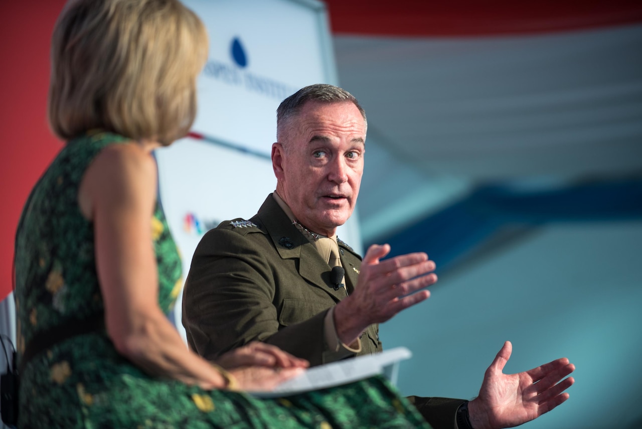 Marine Corps Gen. Joe Dunford, chairman of the Joint Chiefs of Staff, speaks about strategy in a volatile world with Andrea Mitchell, NBC News Chief Foreign Affairs Correspondent, at the Aspen Security Forum in Aspen, Colo., July 22, 2017. DoD photo by Army Sgt. James K. McCann