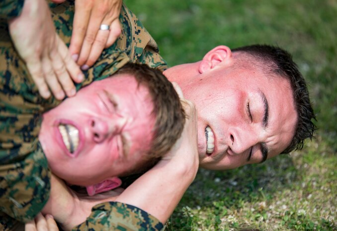 U.S. Marines with Marine Aviation Logistics Squadron (MALS) 12 grapple at Marine Corps Air Station Iwakuni, Japan, July 21, 2017. The USO hosted a field meet and cookout for MALS-12, which included several competitions such as grappling, pull-ups and a Humvee pull. (U.S. Marine Corps photo by Lance Cpl. Jacob A. Farbo)