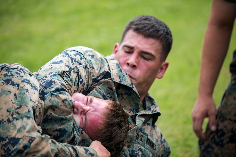 U.S. Marines with Marine Aviation Logistics Squadron (MALS) 12 grapple at Marine Corps Air Station Iwakuni, Japan, July 21, 2017. The USO hosted a field meet and cookout for MALS-12, which included several competitions such as grappling, pull-ups and a Humvee pull. (U.S. Marine Corps photo by Lance Cpl. Jacob A. Farbo)