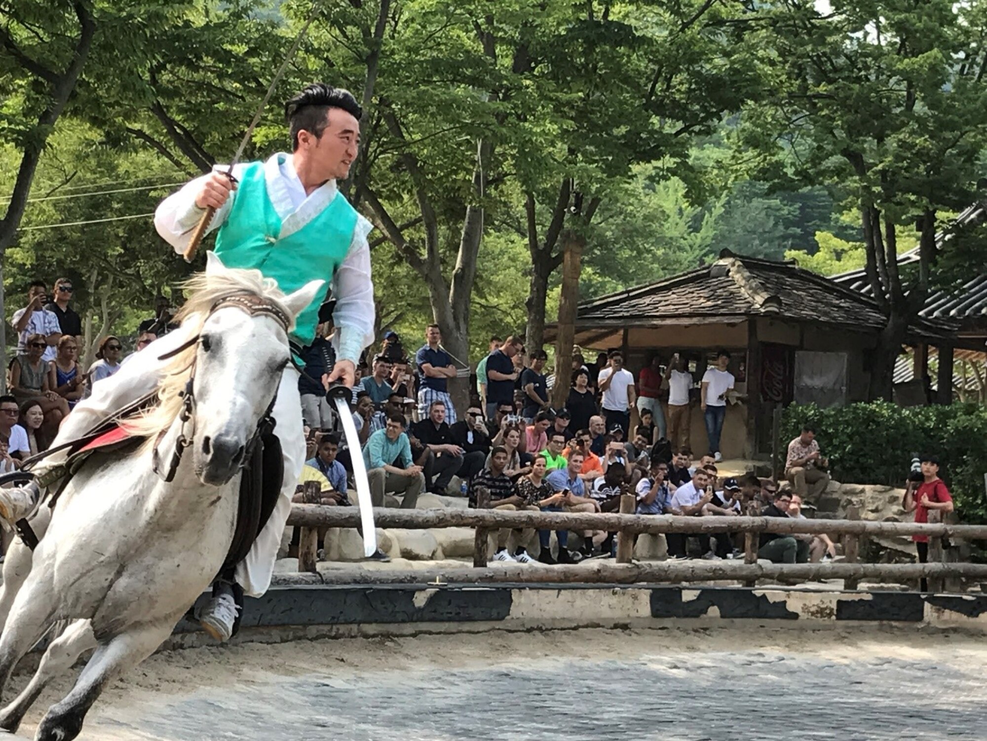 A horseback swordsman demonstrates various skills during an equestrian feats performance in Yongin, Republic of Korea, July 20, 2017. The Korean Folk Village hosts performances of traditional art forms from the Joseon Dynasty period to connect the past to the present. Nearly 100 United States Forces Korea members were invited by the Ministry of Patriots and Veterans Affairs to tour this location and other historic sites across the ROK as part of an initiative to give U.S. personnel a better understanding of Korean culture and patriotism. (U.S. Air Force photo by 1st Lt. Lauren Linscott/Released) 