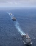PACIFIC OCEAN (April 8, 2017) The amphibious transport dock ship USS San Diego (LPD 22) steams in formation with the amphibious assault ship USS America (LHA 6) and the amphibious dock landing ship USS Pearl Harbor (LSD 52) during a simulated straits transit off the coast of Southern California.