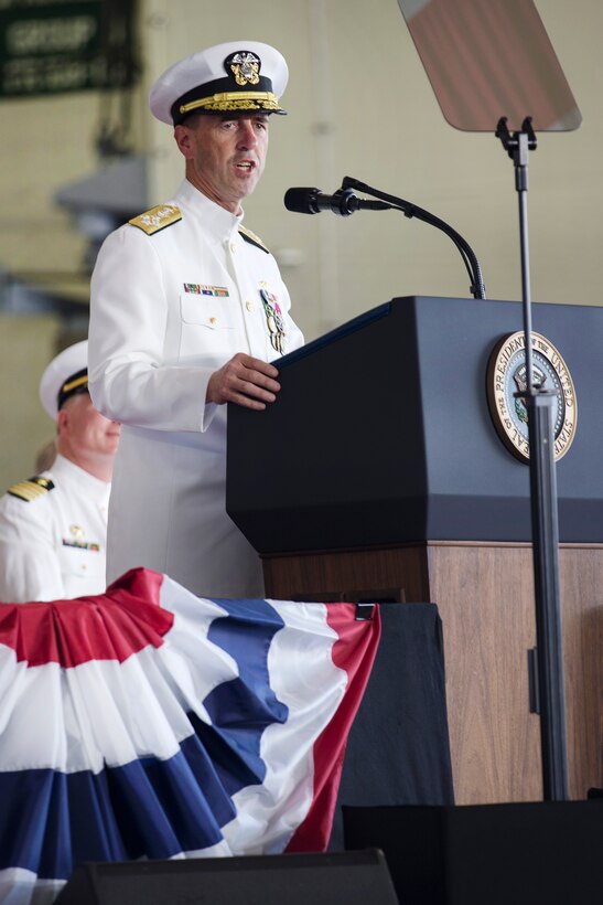 Chief of Naval Oerations Navy Adm. John M. Richardson delivers remarks during the commissioning of the aircraft carrier USS Gerald R. Ford at Naval Station Norfolk, Va., July 22, 2017. Navy photo by Petty Officer 3rd Class Gitte Schirrmacher