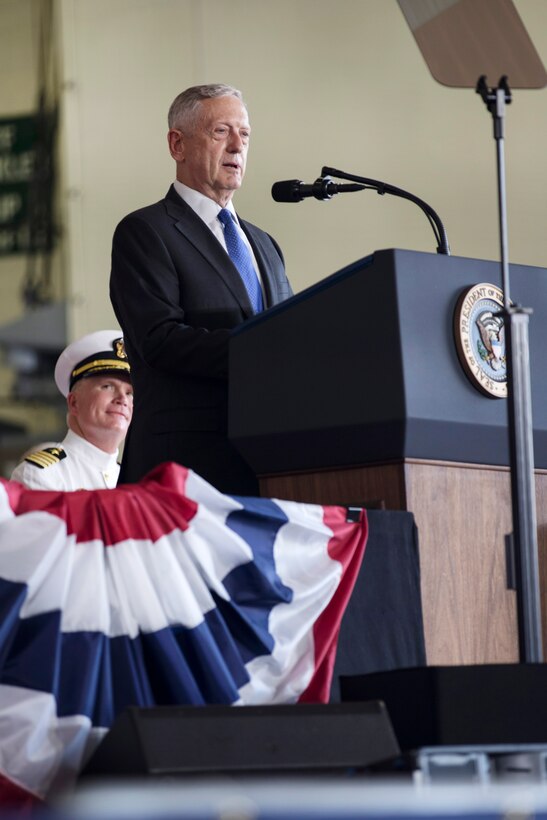 Defense Secretary Jim Mattis delivers remarks during the commissioning ceremony for the aircraft carrier USS Gerald R. Ford at Naval Station Norfolk, Va., July 22, 2017. Navy photo by Petty Officer 3rd Class Gitte Schirrmacher