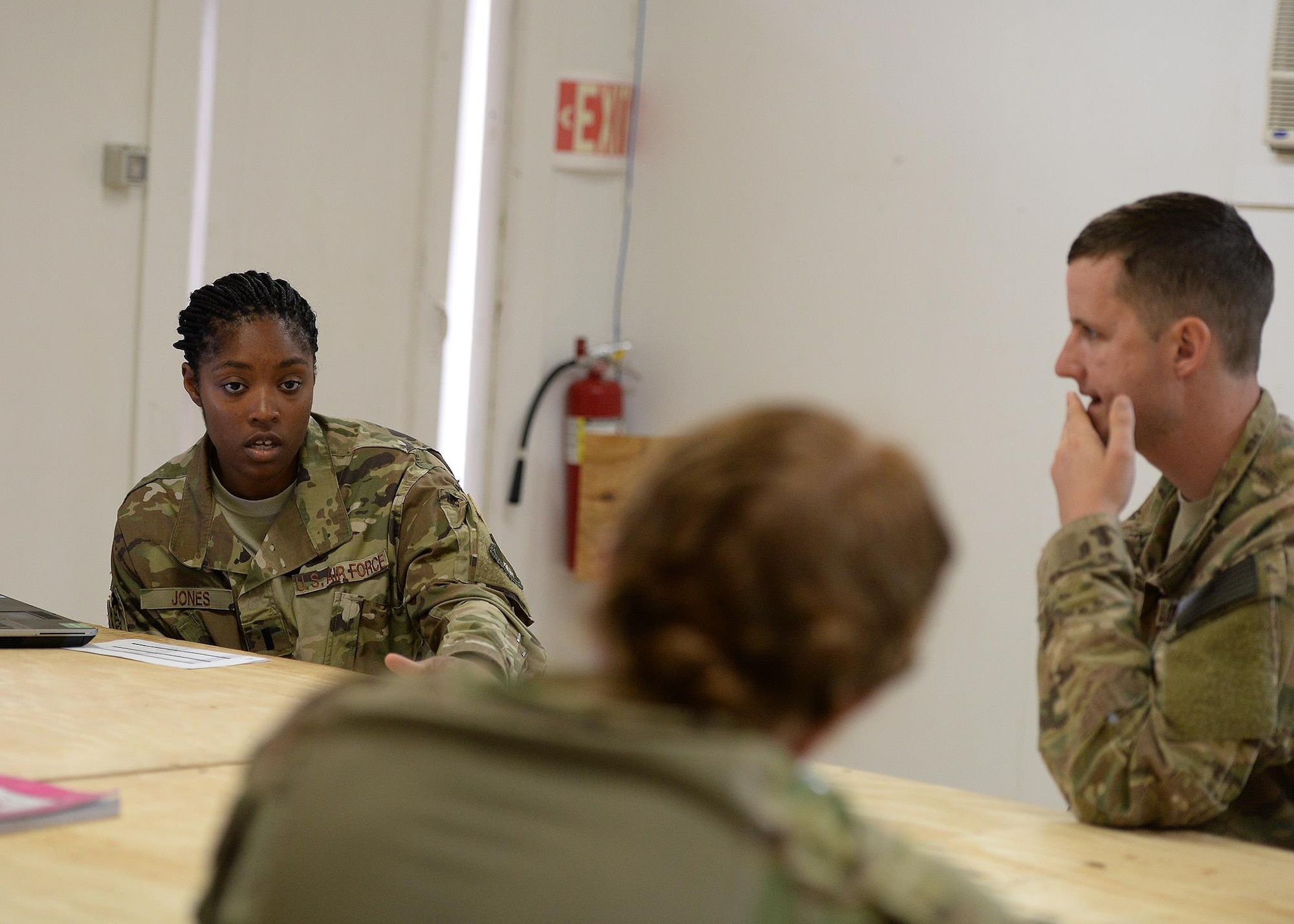 First Lt. DeAndrea Jones, 435th Air Expeditionary Wing Sexual Assault Response Coordinator, provides training for deployed Airmen at an undisclosed location, East Africa, July 13, 2017. After completing an initial 40 hour training program, Airmen volunteering as victim advocates must maintain 32 hours of continuing education every three years to remain certified. (U.S. Air Force photo by Senior Airman Jimmie D. Pike)