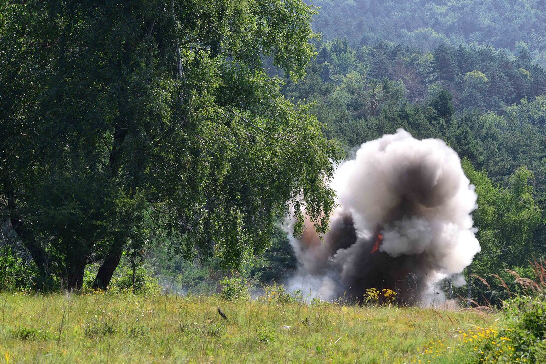 U.S. paratroopers and Slovenian soldiers detonate a C4 explosive charge during a live-fire demolition as part of Exercise Rock Knight at Pocek Range in Postonja, Slovenia, July 20, 2017. Army photo by Paolo Bovo