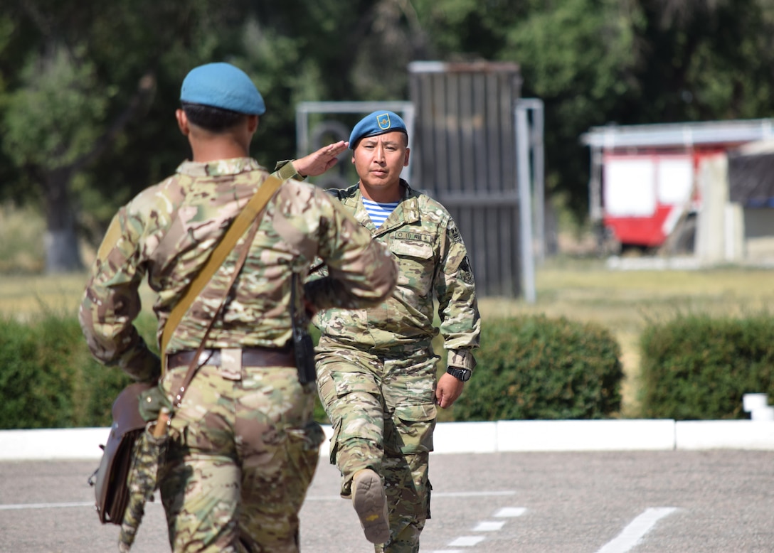 Lt. Col. Bulat Dusembayev, commander of the Kazakhstan Peacekeeping Brigade, participates in the Exercise Steppe Eagle 17 opening ceremony July 22, 2017, at Illisky Training Center. Exercise Steppe Eagle is a premier multinational exercise focused on peacekeeping and peace support operations, while building relationships and mutual understanding between partner nations. (U.S. Army photo by Capt. Desiree Dillehay, 149th Military Engagement Team)