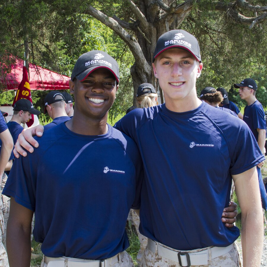 Seth Bolden (left) and Nicholas Dinofrio pose for a photo during the Field Leadership Exercise during the 2017 Summer Leadership and Character Development Academy aboard Marine Corps Base Quantico, Va., July 20. The puprpose of this exercise is to return high-caliber individuals back to their schools and communities with greater knowledge of the Marines, sense of purpose and the ability for them to serve as advocates for the Corps due to their first-hand experiences with Marines.
