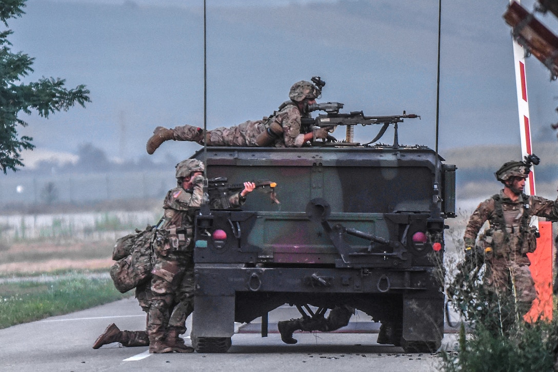 Soldiers with 1st Battalion, 143rd Infantry Regiment, 173rd Airborne Brigade conduct an airfield seizure during Exercise Saber Guardian 17 in Turzii, Romania, July 22, 2017. Saber Guardian 17 is an annual, multi-national exercise that aims to assure our Allies and partners of the enduring U.S. commitment to the collective defense and prosperity of the Black Sea region.