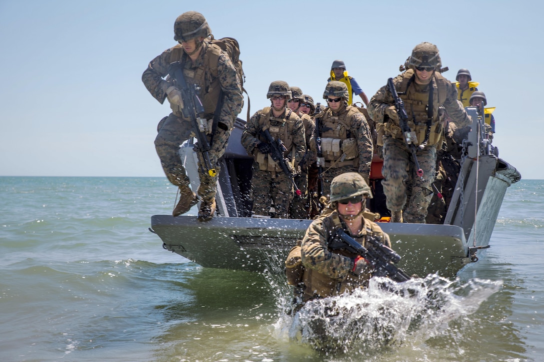 Marines assault a beach using a Turkish Higgins landing boat from the Turkish ship TCG Karamurselbey during exercise Sea Breeze 2017 in Mykolayivka, Ukraine, July 19, 2017. Marine Corps photo by Staff Sgt. Marcin Platek