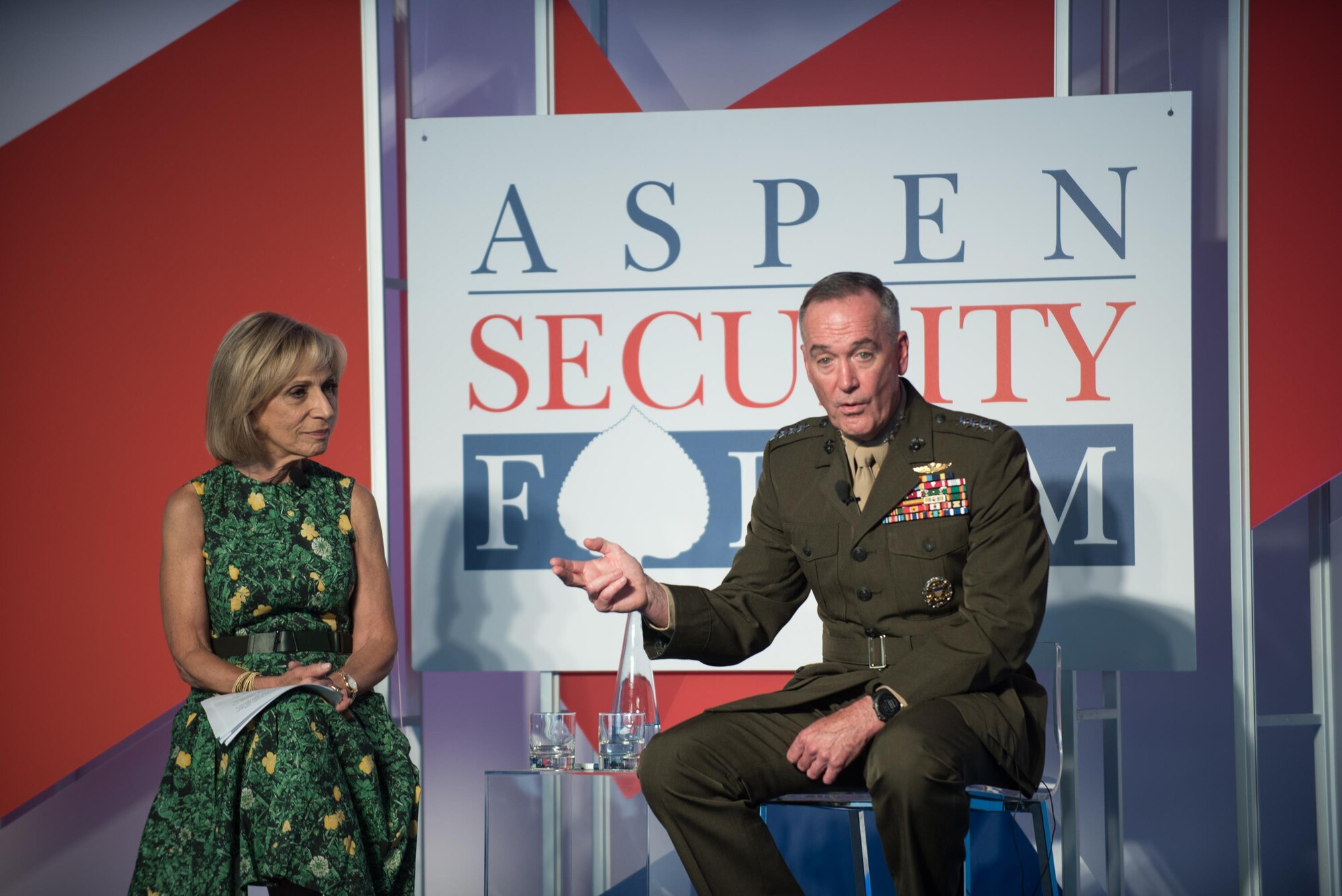 U.S. Marine Corps Gen. Joseph F. Dunford, Jr., chairman of the Joint Chiefs of Staff, responds to a question alongside moderator Andrea Mitchell, NBC News Chief Foreign Affairs Correspondent, at the 2017 Aspen Security Forum in Colo., July 22, 2017. Gen. Dunford explained U.S. strategy and how it would be carried out in the years ahead.